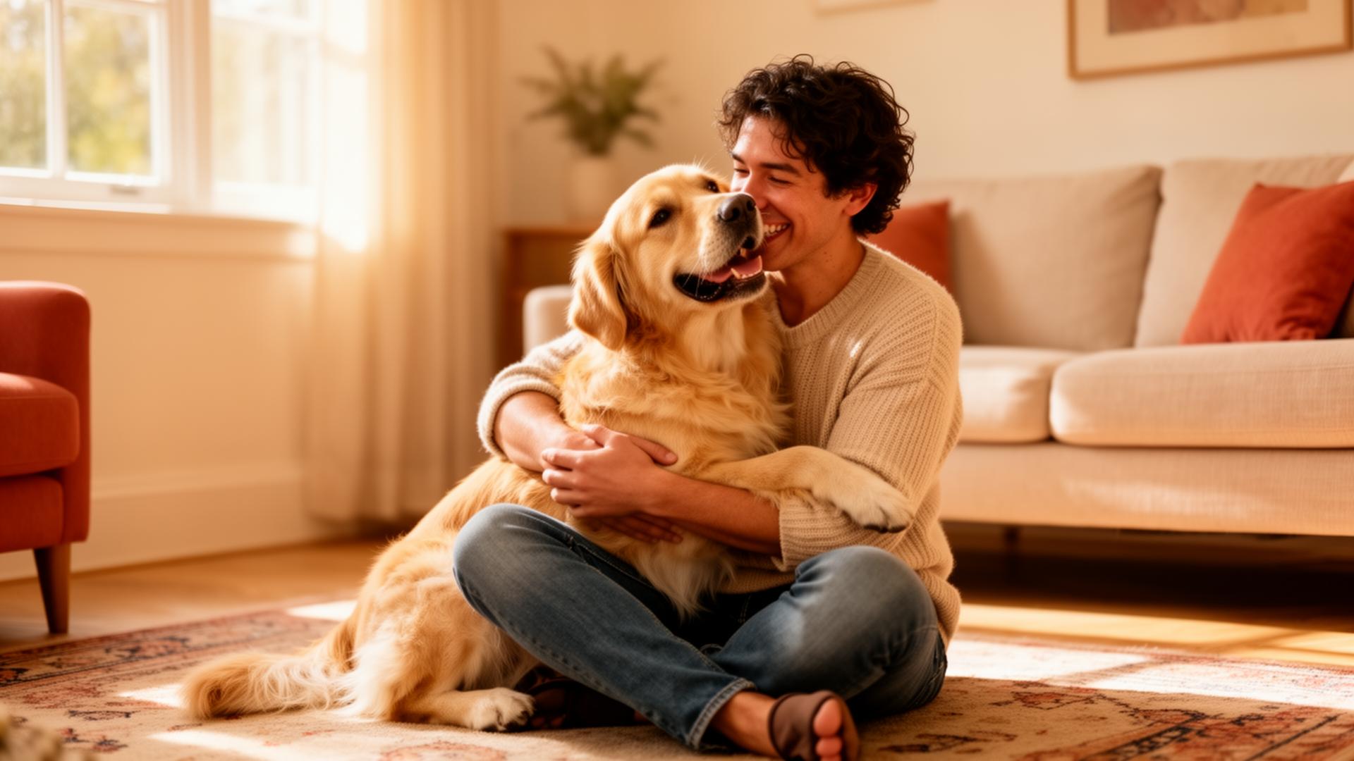A dog owner sharing a happy moment with their golden retriever at home